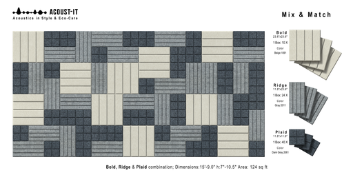 Mixed & Matched for You: BOLD RIDGE and PLAID Acoustic Panels | 124 sq ft - 11.52 m2 | Mixed Colors 