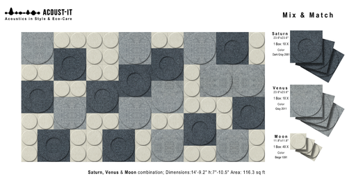 Mixed & Matched for You: MOON SATURN and VENUS Acoustic Panels | 116 sq ft - 10.8 m2 | Mixed Colors